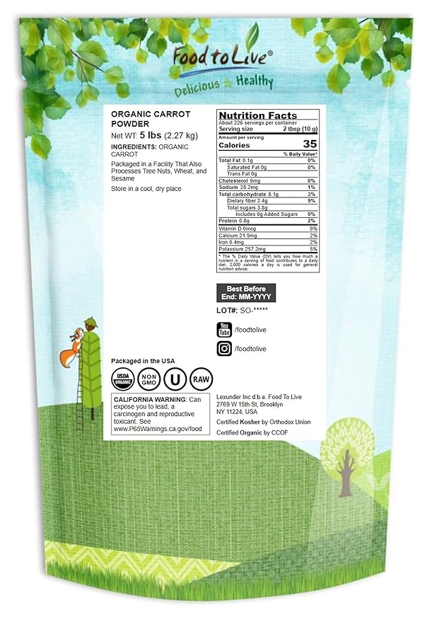 Food to Live Organic Carrot Powder 5 Pounds - Non-GMO Ground Raw Dried Roots Vegan Bulk for Baking Juices Smoothies Shakes and Drinks. Good Source of Dietary Fiber Potassium and Vitamin A