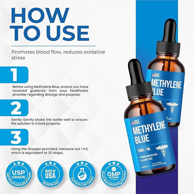 Methylene Blue Drops 1% USP Grade Third Party Lab Tested - USA Made - Formaldehyde Free Increased Absorption Blue Methylene Supreme Supplement for Humans Methane Azul De Metileno Para Humanos (2oz)