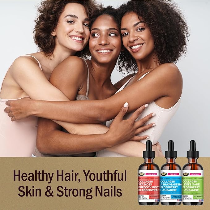 Collagen Mojo Liquid Collagen Peptides with Sea Moss Burdock Root &amp Bladderwrack + Ashwagandha Elderberry &amp L-Theanine + Lions Mane Mushroom Elderberry &amp L-Theanine
