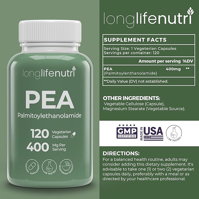LongLifeNutri Palmitoylethanolamide (Pea) 400mg - 120 Vegetarian Capsules Organic Supplement for Discomfort Management 4-Month Supply Lab Tested Made in USA
