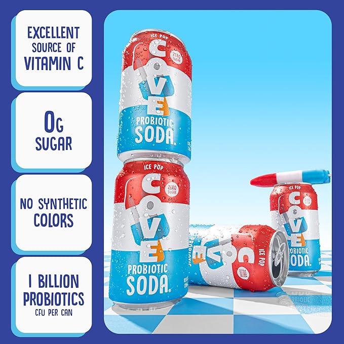 Cove Probiotic Soda Zero Sugar Better-For-You Alternative - Refreshing Delicious Probiotic Drink No Synthetic Colors &amp Caffeine Free - Ice Pop 12 Pack