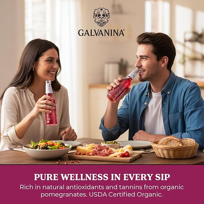 Galvanina Pomegranate – Premium Organic Italian Sparkling Soda 12 fl oz (12 Glass Bottles) | Made with Organic Mediterranean Pomegranates Naturally Refreshing Italian Soft Drink.