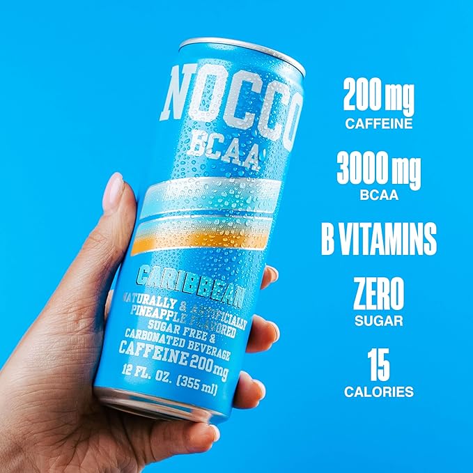 NOCCO Zero Sugar Energy Drink Caribbean - 12 Fl Oz (Pack of 12) - 180mg Caffeine Sugar Free with BCAAs - Branched Chain Amino Acids Carbonated &amp Low Cal B Vitamins Grab &amp Go Performance B