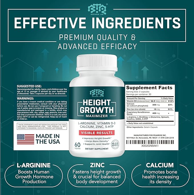 Height Growth Maximizer Calcium Vitamin D3 and Zinc Blend Pills Bone Growth Supplement for Kids and Teens Bone Strength Density Support GMO-Free Gluten-Free Made in USA 60 Caps