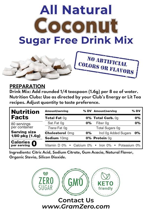 GramZero All Natural Coconut Zero Calorie Sugar Free Drink Mix Great For Nutrition Club Loaded Tea Stevia Sweetened