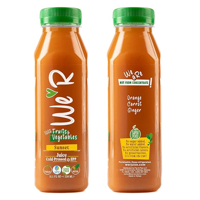 WE’R Sunset – Orange Carrot &amp Ginger – 100% Fruit &amp Veggie Juice – Cold-Pressed &amp HPP – 10 Pack – 11.2 fl oz Each (330 ml) – Vegan GMO-Free Not From Concentrate