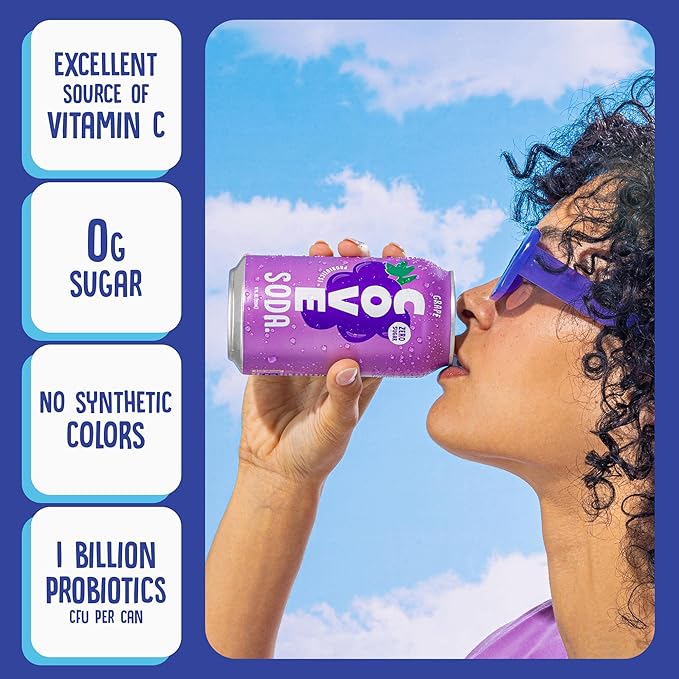 Cove Probiotic Soda Zero Sugar Better-For-You Alternative - Refreshing Delicious Probiotic Drink No Synthetic Colors &amp Caffeine Free - Grape 12 Pack