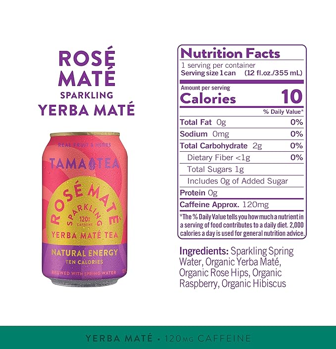 Organic Sparkling Rosé Yerba Mate Tea Unsweetened by Tama Tea - Sugar Free Energy Drink Alternative 120mg Natural Caffeine 12 oz (12-Pack)