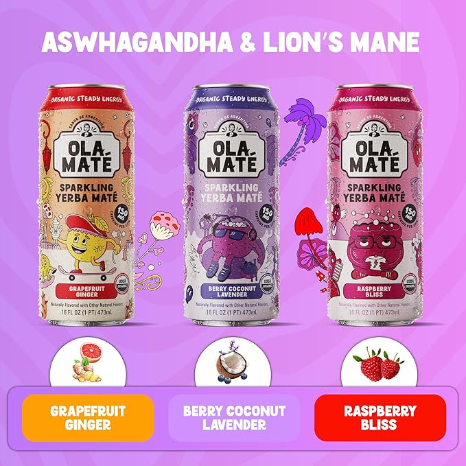 Yerba Mate Energy Drink - Low Sugar Sparkling Tea Cans Variety Pack with Ashwagandha Lion’s Mane USDA Organic Clean Energy Drink with 150mg Natural Caffeine Ola Maté