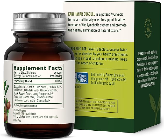 Banyan Botanicals Organic Kanchanar Guggulu – Natural Lymphatic Drainage &amp Detox Supplement – Systemic Cleanser for Glandular Health &amp Fluid Balance – with Guggulu Resin –90 Tablets – USDA Org