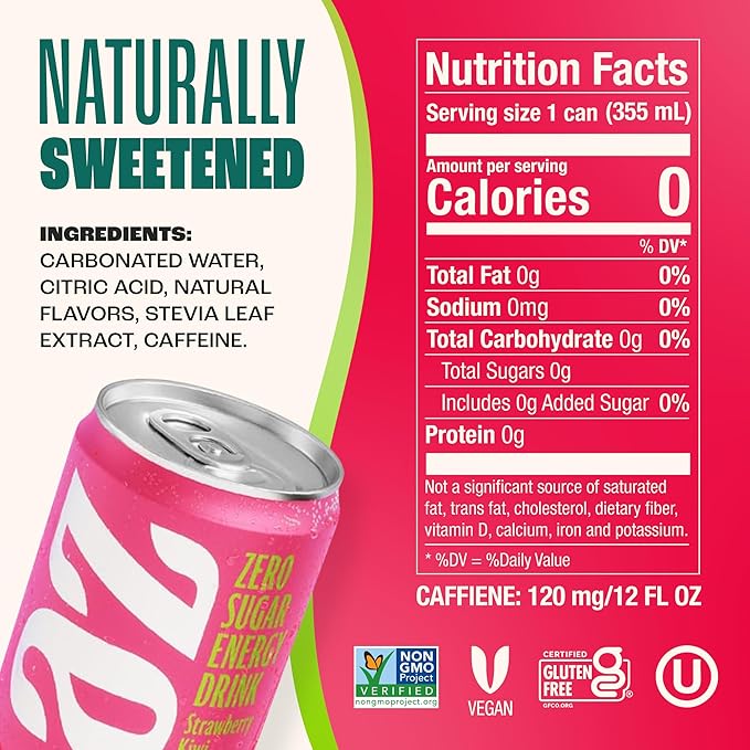 Zevia Zero Sugar Energy Drink Strawberry Kiwi 12 oz Cans (12-Pack) – Naturally Sweetened Zero Calorie Sugar Free Energy - Non-GMO Project Verified Gluten-Free Vegan
