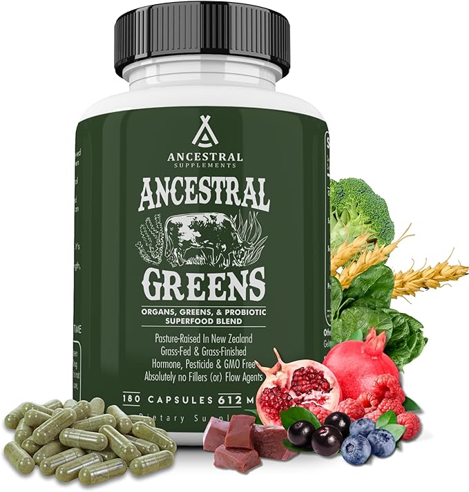 Ancestral Supplements Greens Powder Capsules Organic Superfood Greens &amp Reds Blend with Spirulina Chlorella Grass Fed Beef Organs and Probiotics for Gut Health Non GMO 612mg Each 180 Count