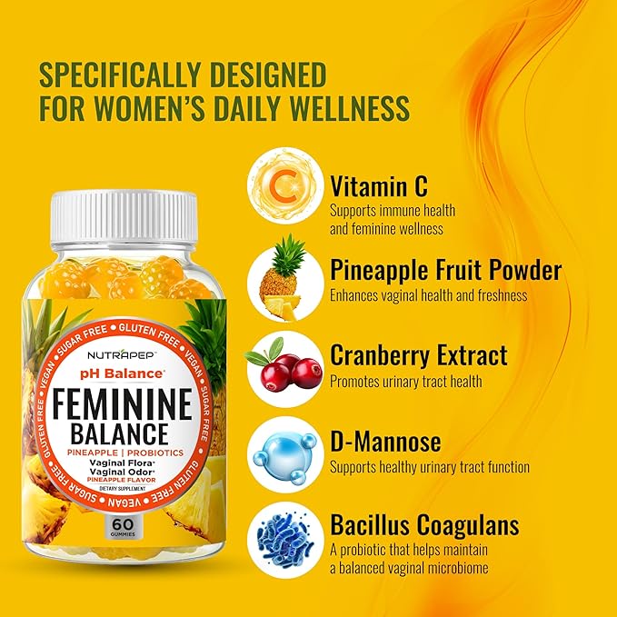 Feminine Balance Probiotics Gummies for Women - Vaginal Health &amp Women's pH Balance Natural Gummy Supplement with Cranberry Pineapple Powder - Sugar Free Gluten Free Vegan (Pack of 2)