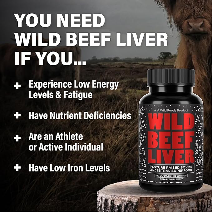 Wild Foods Beef Liver Capsules - Grass-Fed &amp Pasture-Raised | 3000mg Ancestral Supplement for Natural Energy &amp Immune Support | Organ Supplement for Men &amp Women | Keto Paleo Carnivore (1
