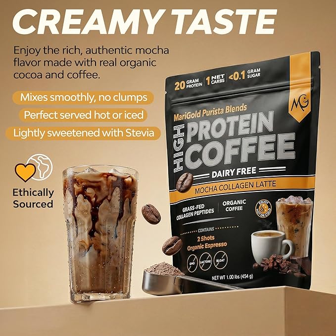 MariGold High Protein Collagen Coffee - Mocha Collagen Latte Dairy Free 20g Grass-Fed Type I &amp III Collagen Peptides Energy Boost 2 Shots Organic Espresso Non-GMO 1 Lb Bag 15 Servings
