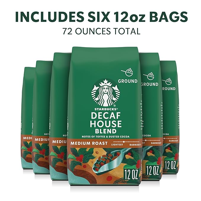Starbucks Ground Coffee Medium Roast Hot or Iced Coffee Decaf House Blend Six 12 oz Bags