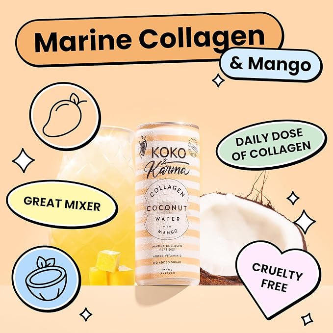 Koko &amp Karma – Pure Coconut Water with Marine Collagen Peptides &amp Mango Refreshing Taste with No Added Sugar or Preservatives – 12 Pack – 16.9 Ounce Cans