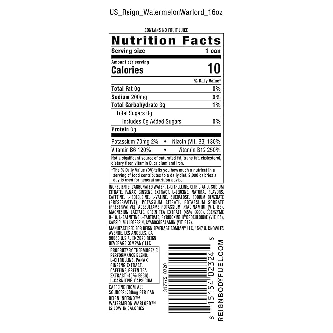 REIGN Inferno Watermelon Warlord Thermogenic Fuel Fitness and Performance Drink 16 Fl Oz (Pack of 12)