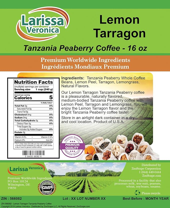 Lemon Tarragon Tanzania Peaberry Coffee (Gourmet Naturally Flavored Whole Coffee Beans) (16 oz ZIN: 566082) - 2 Pack