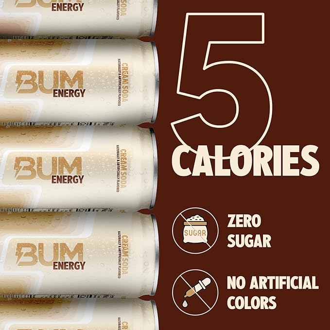 BUM Sugar-Free Energy Drink Cream Soda - Lightly Carbonated &amp No Artificial Colors Natural Caffeine &amp Citicoline for Energy &amp Focus Brain Boost &amp Workout Sports Beverage - 12 oz Pa