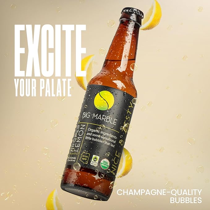 Big Marble Organic Proper Lemon Premium Non-Alcoholic Low Sugar Zesty Citrus Fair Trade Certified Real Lemon No Artificial Sweeteners/Colors for Cocktails &amp Mocktails - 12 Pack 355ml (12 F