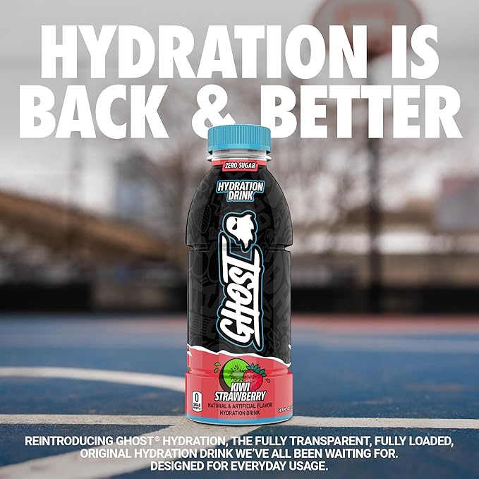 GHOST Hydration Drink Kiwi Strawberry- RTD Sports Drink with Electrolytes Natural Vitamins &amp Minerals - All Day Lifestyle Hydration Beverage - Zero Caffeine &amp Zero Sugars - 16.9 Fl Oz 12 Pa
