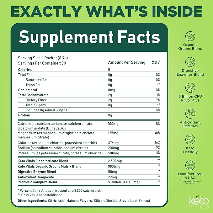 Keto Vitals Keto Electrolytes Plus Greens Superfood Powder Packets - 30 Servings Super Greens Powder Packets with Sugar Free Electrolytes for Hydration Gut Health &amp Digestion - Green Drink Mix