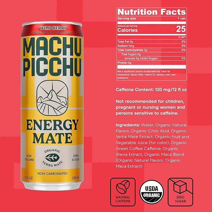 MACHU PICCHU Zero Sugar Energy Mate Drink – Non-Carbonated Yerba Mate 120mg Organic Caffeine Smooth Focus Without Jitters or Crash Low Calorie USDA Organic 12oz Cans (12-Pack-“Wild Berry”)