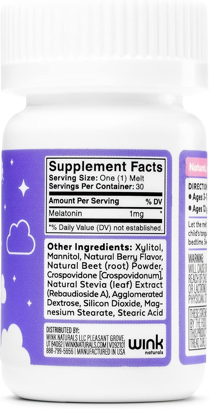 Wink Well Kids Melatonin Chewable Melts-Sleep Aid Chews with Melatonin 1mg- Quick Deep Toddler Sleep Aid Drug-Free-Fast Non-Habit-Forming Child Melatonin Dissolve Tablets- 30 Melts