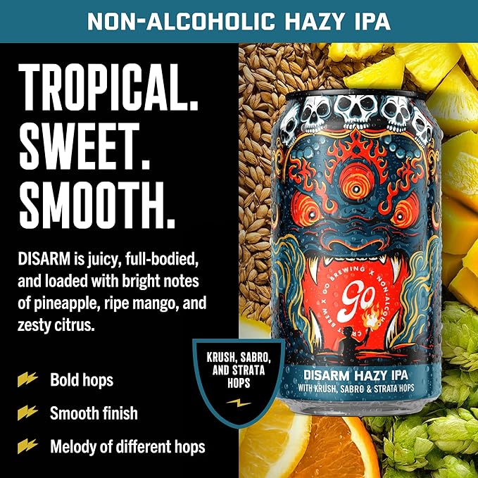 Go Brewing Disarm Hazy IPA Non-Alcoholic Craft Beer 12 Oz – Low-Calorie Full-Bodied Hazy Craft Brew with Zesty Citrus and Tropical Fruit Notes – Non-Alcoholic Beer for Any Occasion