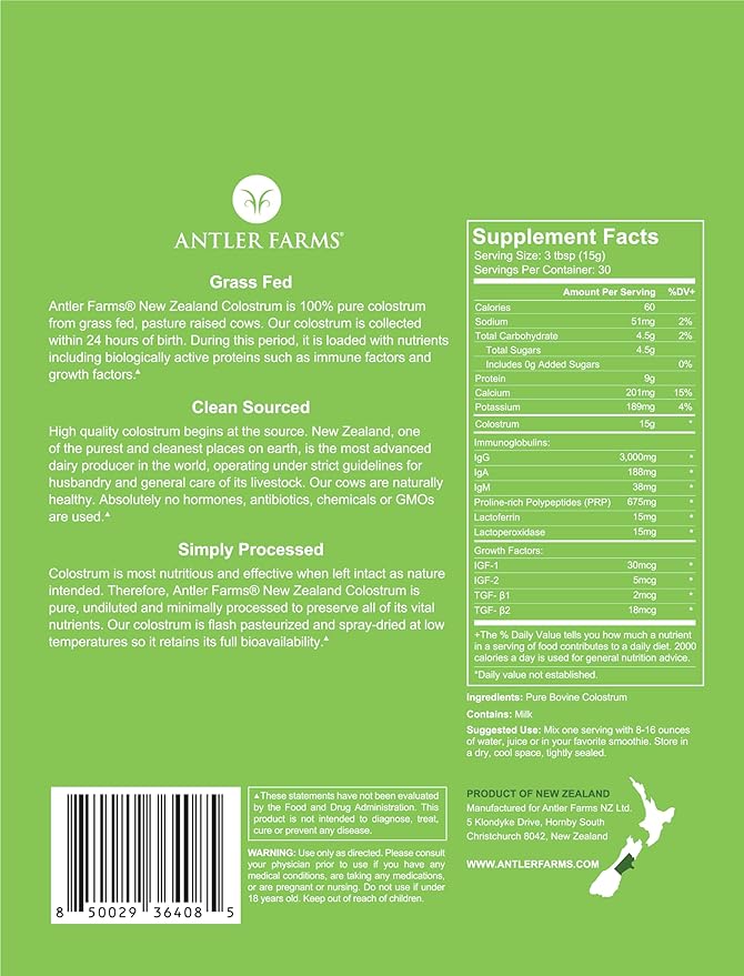 Antler Farms 100% Pure New Zealand Colostrum 30 Servings 1 lb - Grass Fed Pasture Raised Clean Sourced Cold Processed Undiluted High IgG Content