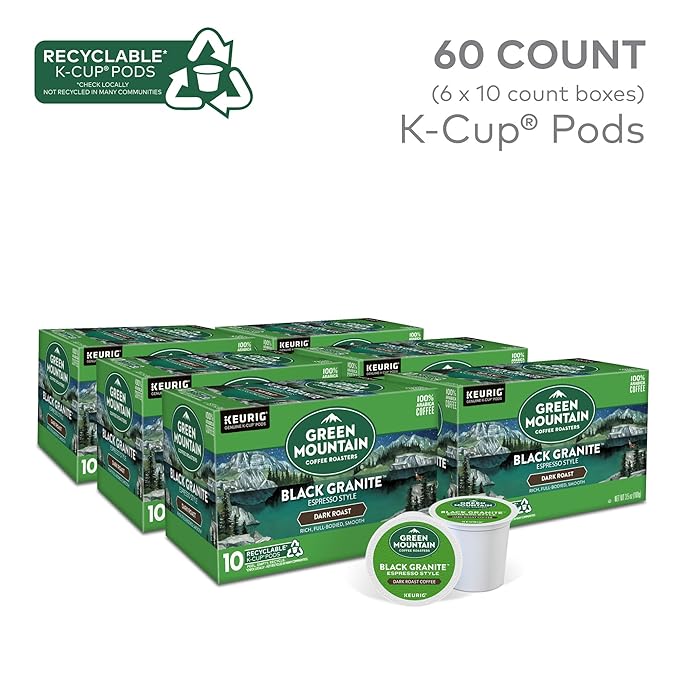 Green Mountain Coffee Roasters Black Granite Keurig Single Serve K-Cup Pods Espresso Style Dark Roast 60 Count (6 Packs of 10)