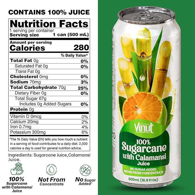 VINUT 100% Sugarcane with Calamansi Juice No Added Sugar Not From Concentrate 16.9 fl oz (500 mL) Can Pack of 6