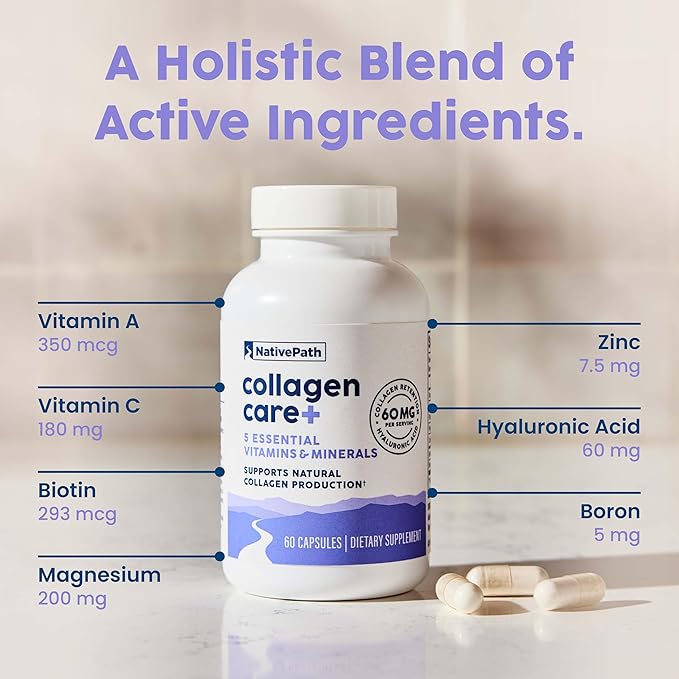 NativePath Collagen Care+ 5 Vitamin Blend with Hyaluronic Acid and Boron That Supports Collagen for Men and Women 60 Capsules (Pack of 2)