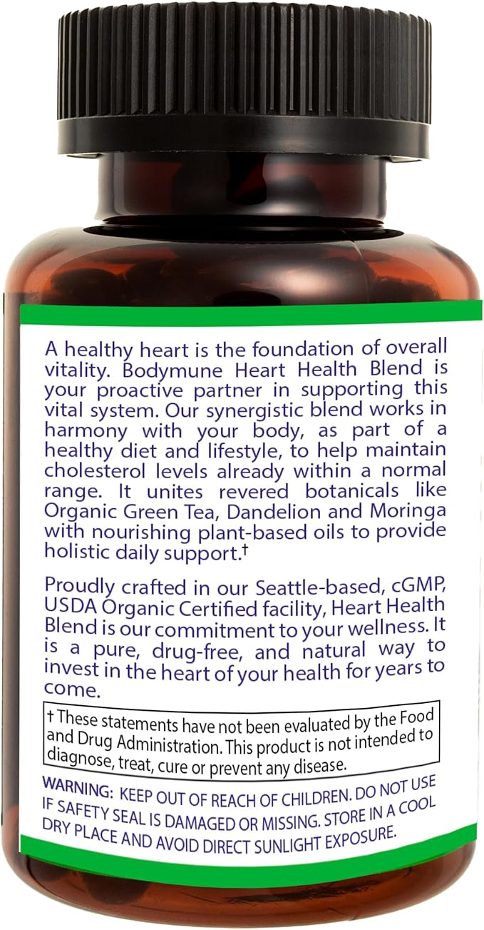 Heart Health Blend CholesterolSupport | USDA Organic Supplement w/Extracts of Green Tea Dandelion Bitter Melon Moringa | 60-Day Supply | Vegan Non-GMO Gluten-Free Made in USA