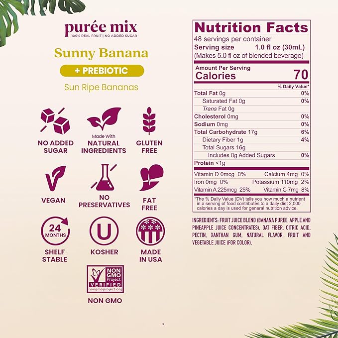 Smartfruit Sunny Banana + Oat Fiber – 100% Real Fruit Purée with Banana Apple &amp Pineapple – Great for Smoothies Juice Yogurt Cocktails Teas &amp More – High in Vitamin A – 2-Pk 48oz Each
