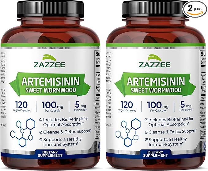 Zazzee High Absorption Artemisinin 100 mg per Capsule 120 Vegan Capsules with 5 mg BioPerine for Maximum Absorption Sweet Wormwood Extract 4 Month Supply All-Natural and Non-GMO (Pack of 2)