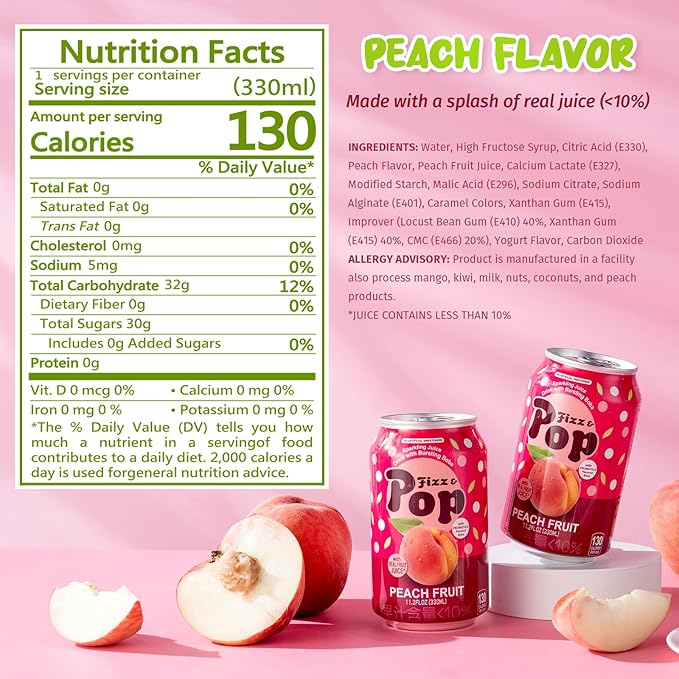 NÜLIFE Fizz &amp Pop Sparkling Popping Boba Drink Peach Carbonated Drink with Yogurt Style Bursting Pearls Sparkling Juice in Can Caffeine-Free Authentic Taiwan Sparkling Boba Fruit Juice 11.2 F