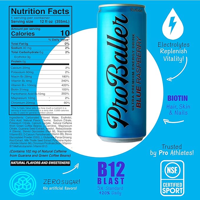 ProBaller Clean Energy Drink - Athlete-Grade Energy for Focus &amp Performance Zero Sugar NSF Certified for Sport Natural Caffeine Biotin Electrolytes Amino Acids &amp B Vitamins - Blue Raspbe