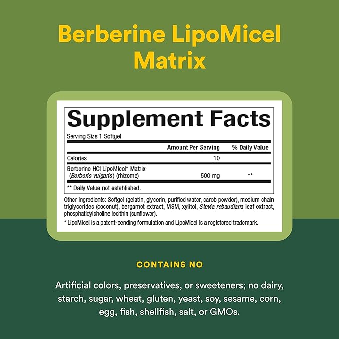 Natural Factors Berberine LipoMicel Matrix - Daily Supplement Supports Metabolic Health - Formula Supports General Health - Gluten-Free &amp Dairy-Free - 90 Liquid Softgels (90 Servings)