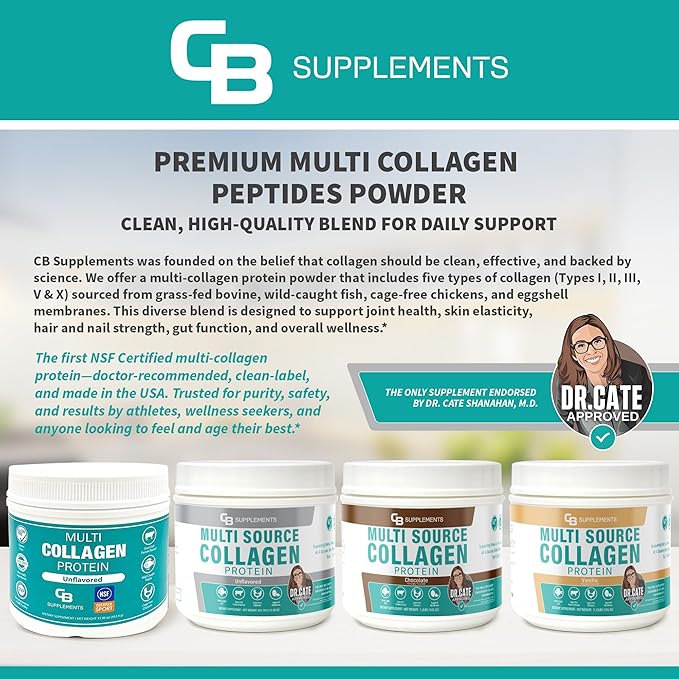 CB Supplements Multi Collagen Protein – Hydrolyzed Collagen for Joint Skin Gut Hair &amp Nail Health – Vanilla Flavored Powder with Types I II III V &amp X – Grass-Fed &amp Clean – 58 Serving