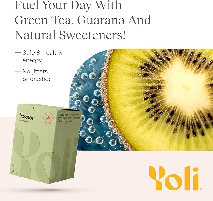 Yoli® Passion Energy Drink Powder Mix - Natural Energy Drink Mix for Endurance and Stamina 30 Packets - Strawberry Kiwi Flavor