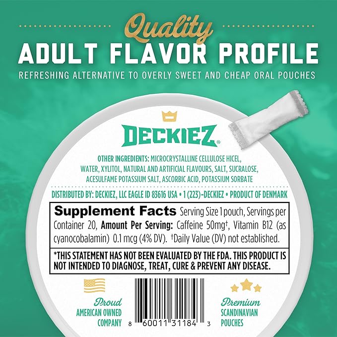 Deckiez Energy Pouches 5 Cans (100 Pouches) Sugar Free Caffeine Supplement Coffee Pouches &amp Energy Drink Alternative 50mg Caffeine Pouches Wintergreen Flavor