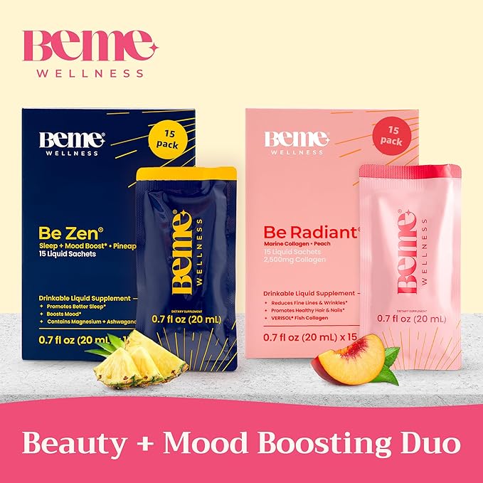 BeMe BeRadiant Peach &amp BeZen Bundle - Liquid Collagen &amp Magnesium Glycinate L-Theanine Supplements