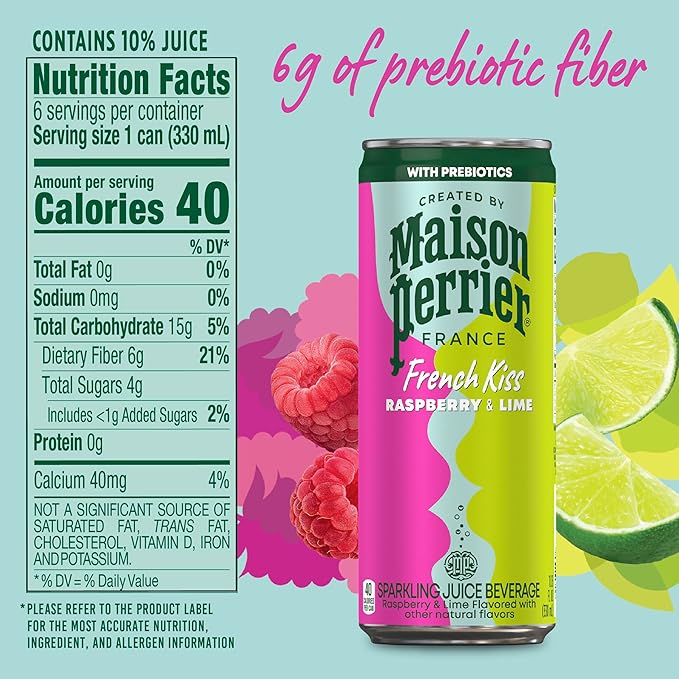 Maison Perrier French Kiss Sweetened Sparkling Juice Beverage Raspberry &amp Lime Flavors With Real Fruit Juices 24Pk