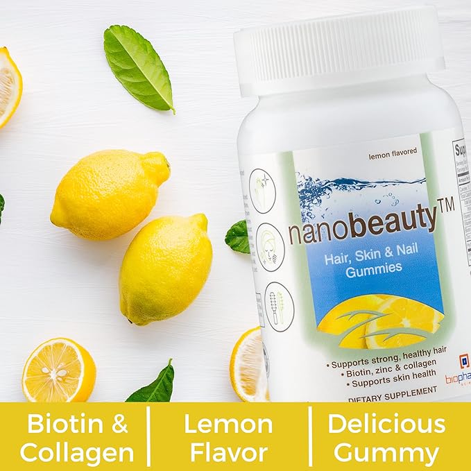 Biopharma Scientific Nanobeauty Gummies | 30 Servings | Hair Skin &amp Nails | Vitamin C Vitamin E Biotin Zinc and Collagen |Lemon Flavor