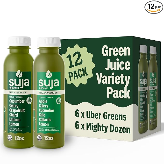 Suja Organic Green Juice Variety Pack | 6 Mighty Dozen and 6 Uber Greens | Plant-Based &amp Gluten-Free (12 fl oz Pack of 12 total)
