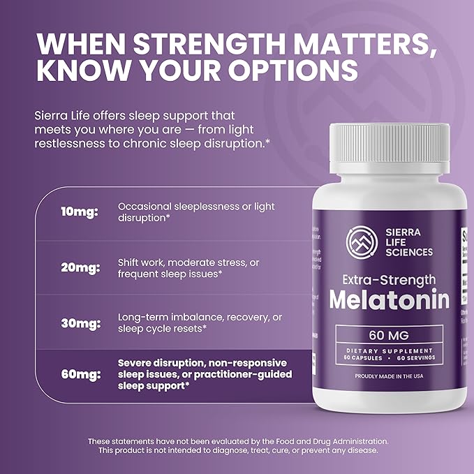 60 mg High Dosage Melatonin Supplement - Extra Strength High Potency Sleep Support Vegan Non-GMO Made in USA Easy-to-Swallow Capsules 180 Count (180 Servings)