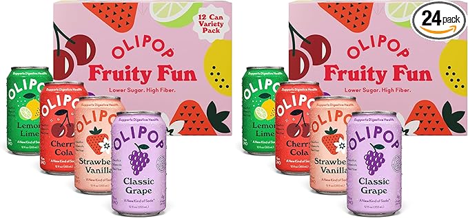 OLIPOP Prebiotic Soda PopFruity Fun VarietyPantry Pack Packed with PrebioticsFiberand BotanicalsGluten FreeVeganGMO Free12oz(Pack of 24)