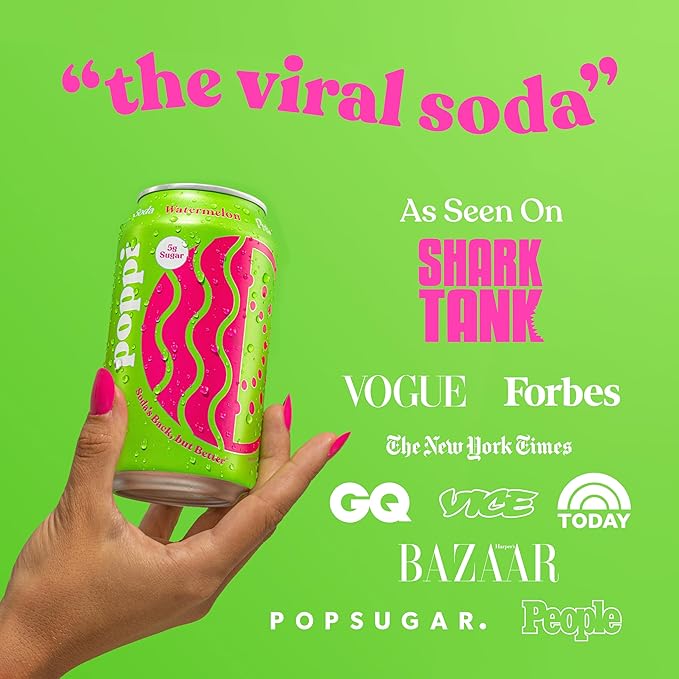 Poppi Sparkling Prebiotic Soda Beverage with Apple Cider Vinegar Seltzer Water and Fruit Juice Watermelon Flavor 12 oz Pack of 12 Packaging May Vary